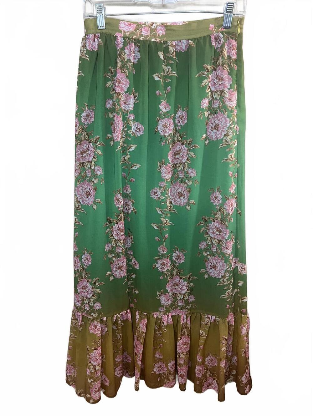 Pinko Rose Print Green Ombre Chiffon Ruffle Hem Maxi Skirt Size 4 Made in Italy